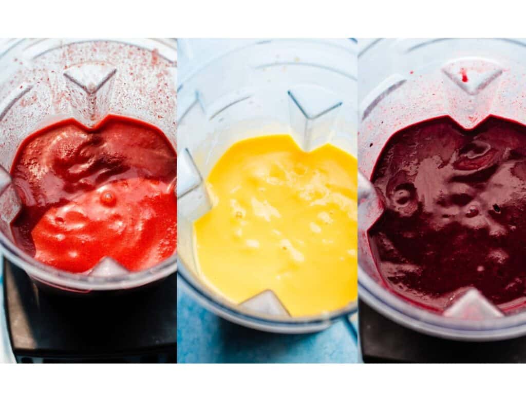 Three images showing the blender full of each of the three flavors. 