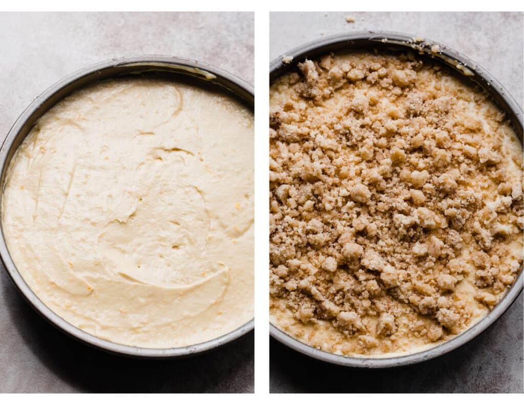 The batter spread in the pan and topped with the crumb mixture.