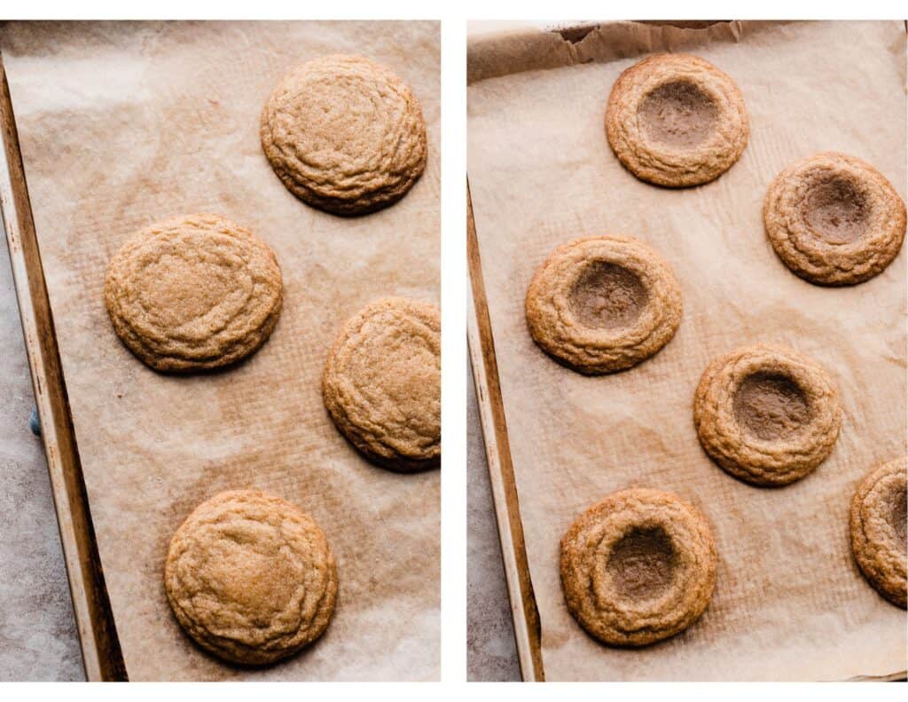 A baking sheet with the baked and indented cookies.