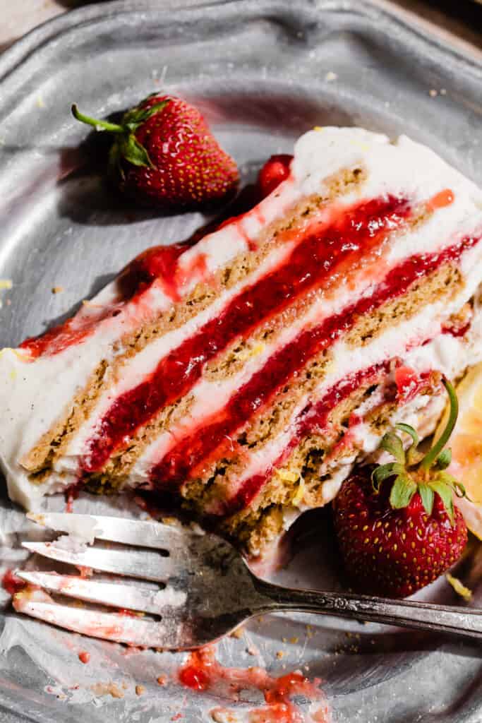 A slice of the icebox cake on a plate.