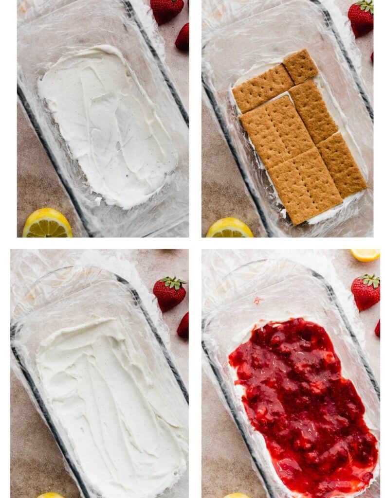 Four images of the icebox cake being assembled. 