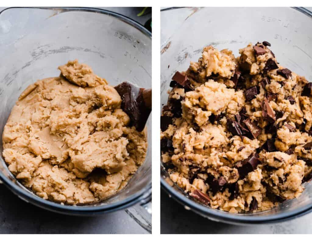 A bowl of plain cookie dough and a bowl of cookie dough with chocolate chips mixed in.