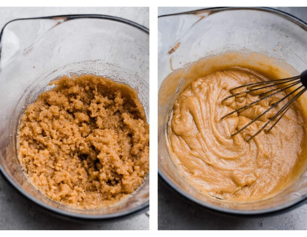 Two images: sugars whisked into the butter, and then eggs and vanilla whisked in until smooth.