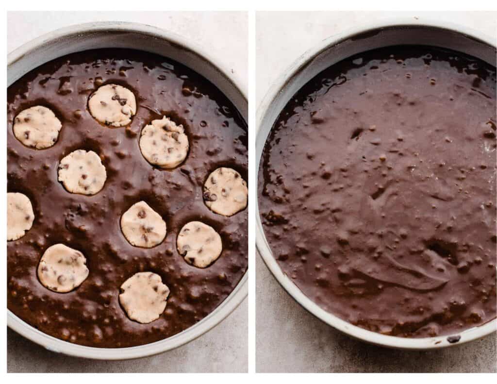 Pans of cake batter with cookie dough discs pressed in.