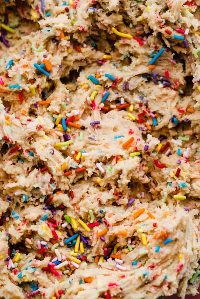 A close-up of the sprinkle cookie dough.