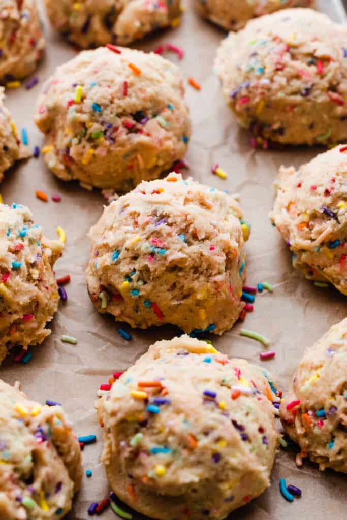 Scooped balls of cookie dough.