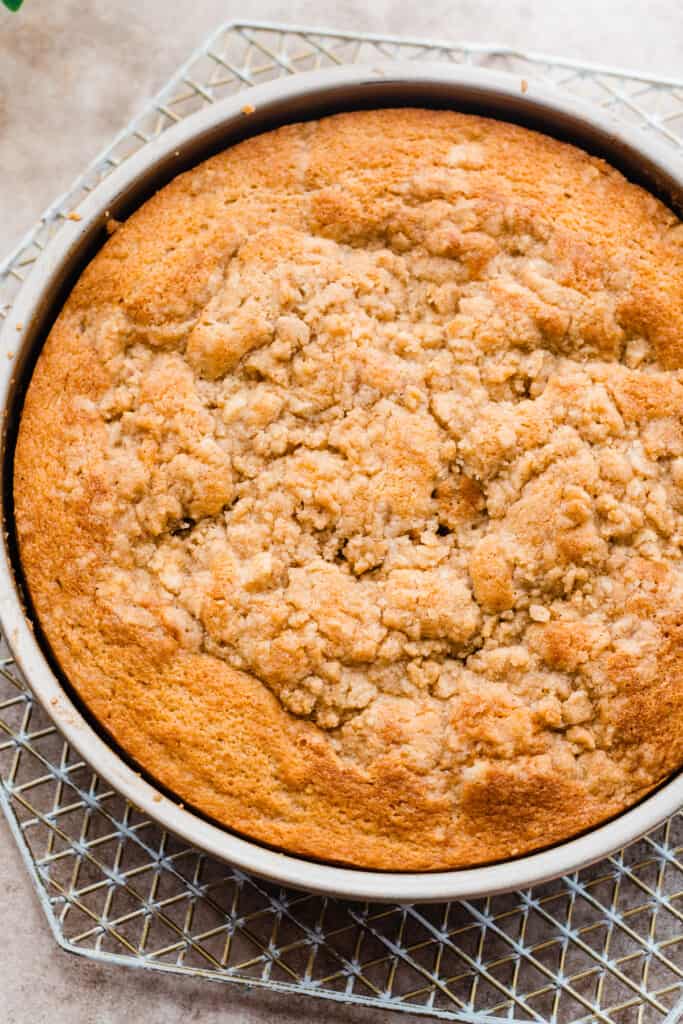 The baked cake in the pan. 