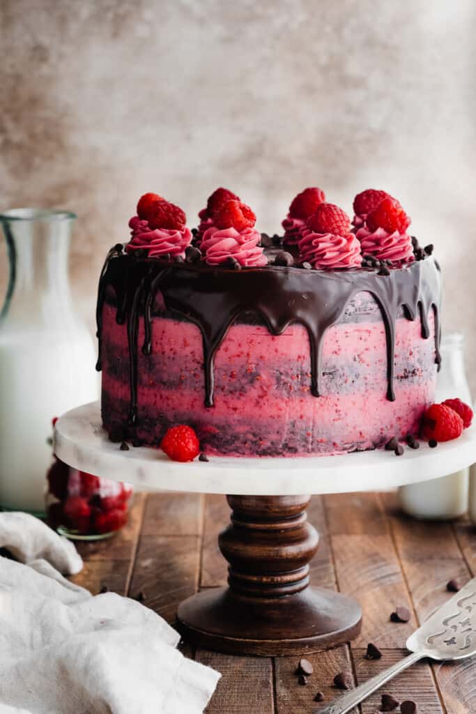 The assembled raspberry chocolate cake on a cake stand. 