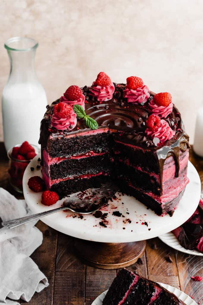 A 3/4 view of the chocolate raspberry cake.