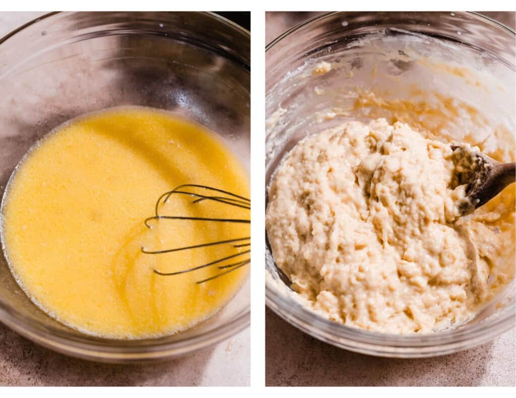 A bowl of the wet ingredients, and a bowl of the wet dough.