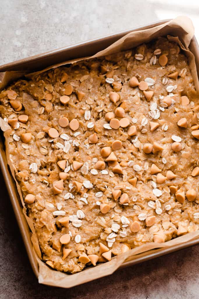 A pan of the unbaked blondies. 