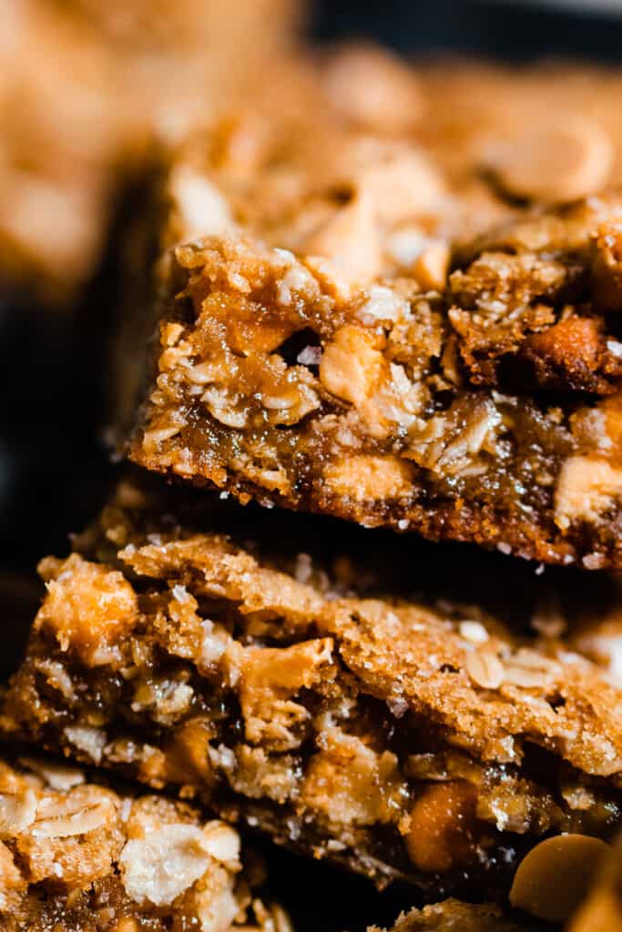 A close-up of a stack of butterscotch blondies.