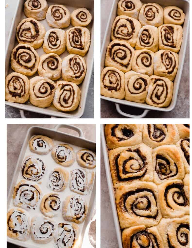 Four images of the cinnamon rolls in the pan, after rising, drizzled with heavy cream, and baked.