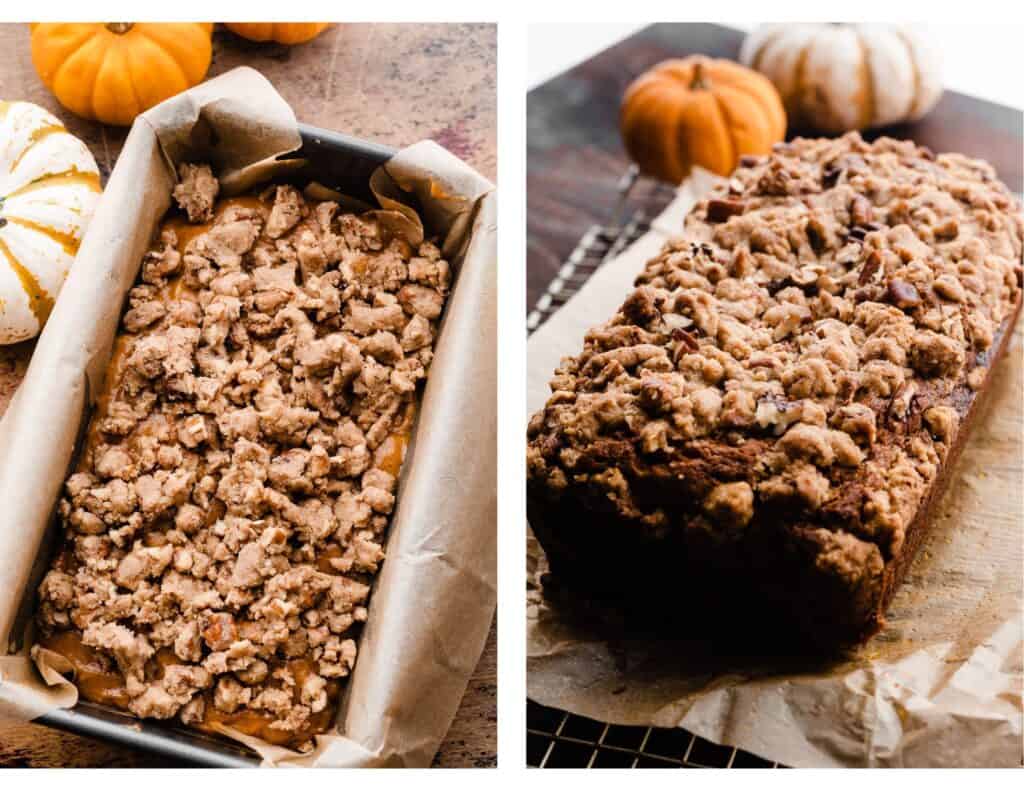 A photo of the unbaked pan of pumpkin bread, and a photo of a baked loaf with streusel on top.