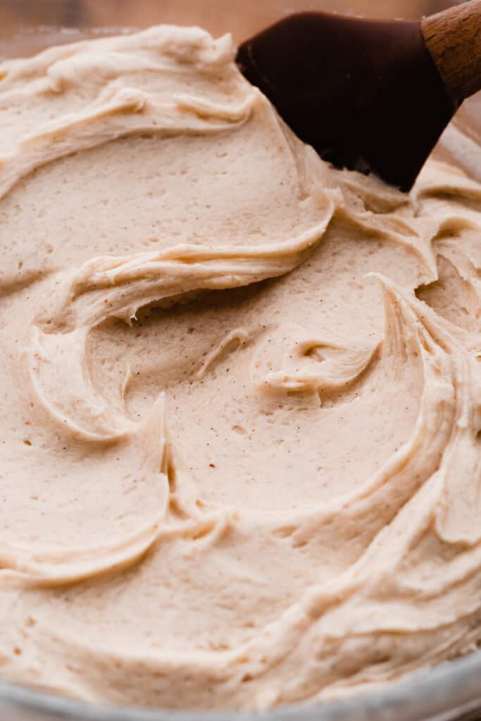 A close-up of brown butter cream cheese frosting.