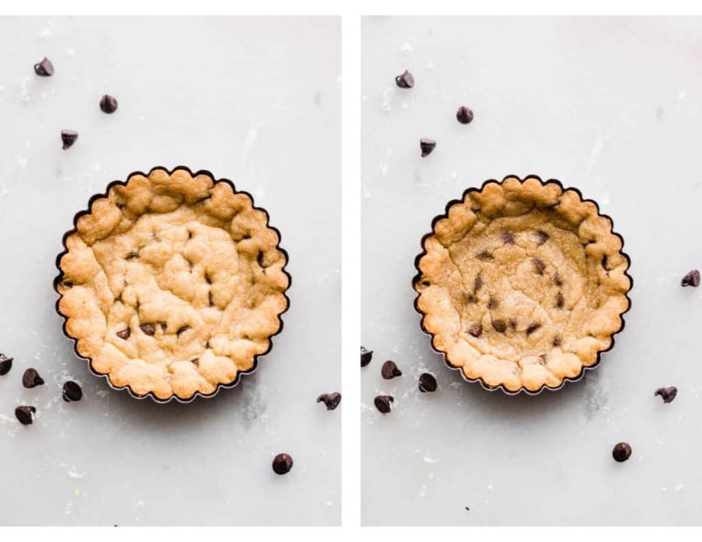 A photo of a baked puffy cookie in a tart pan, and a photo of the slightly cooled, less puffy cookie.