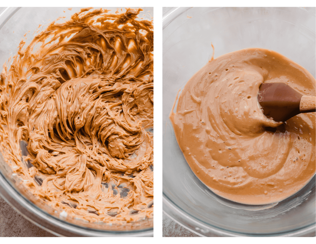 Photos of the butter and cookie butter creamed together, then creamed with the oil.