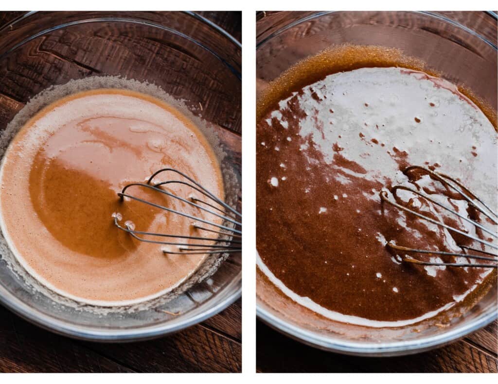 Two images - a bowl of the butter and melted butterscotch, and a bowl of the wet ingredient mixture.