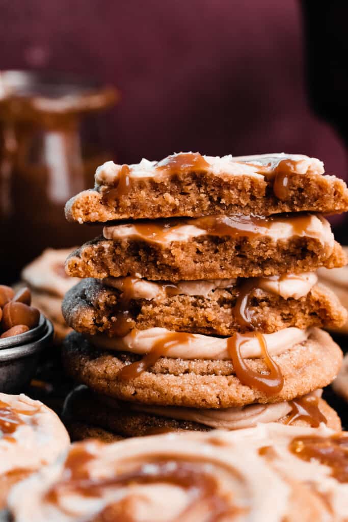 A stack of butterbeer cookie halves.