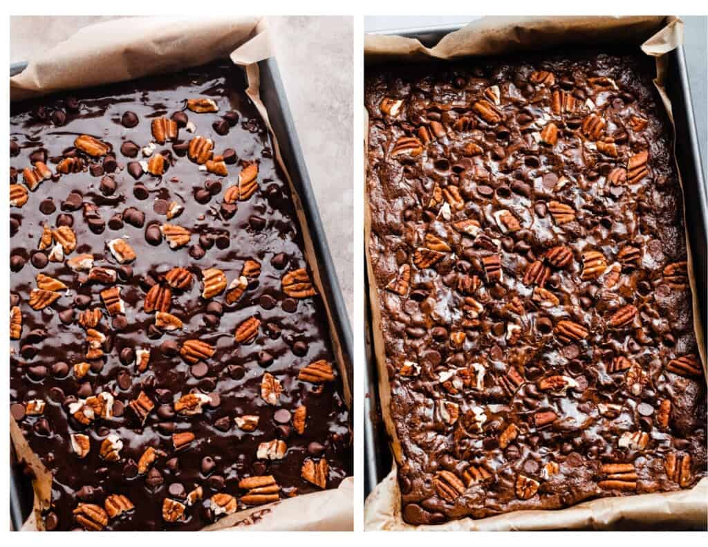 Two images - the pan of unbaked and the pan of baked brownies.