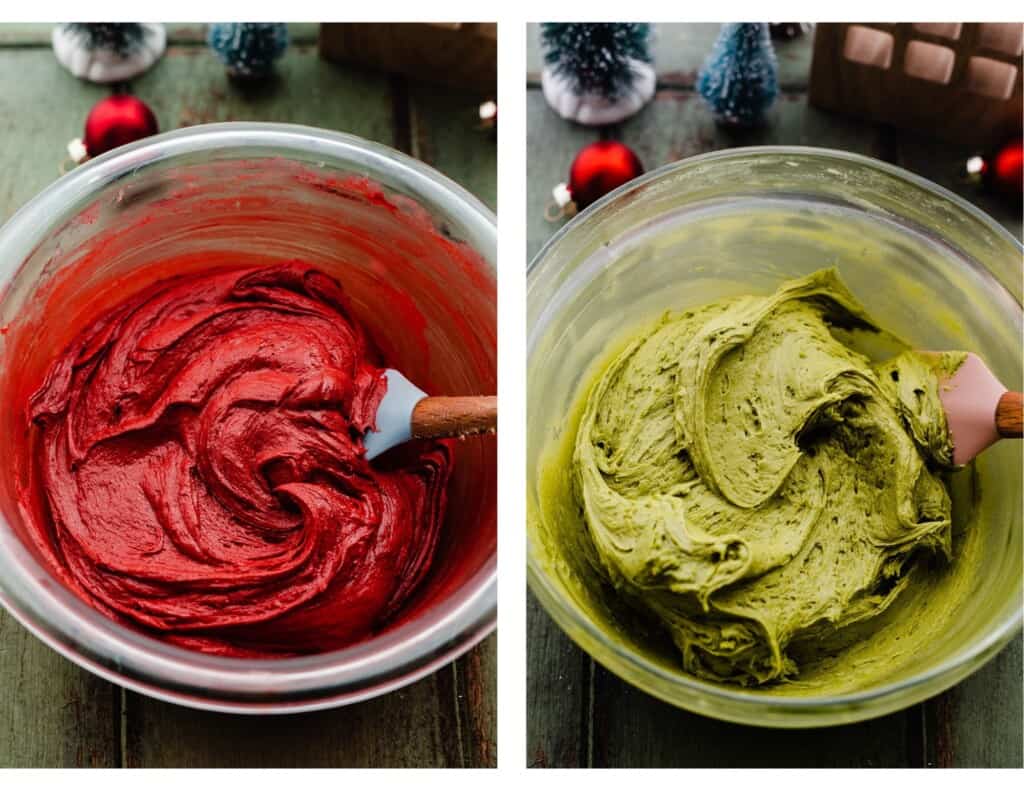 Bowls of red and green frosting.