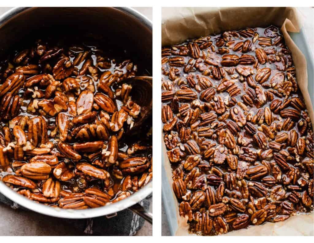Two images - one of the pot of pecan pie filling, and one of the pecan pie filling poured over the baked crust.