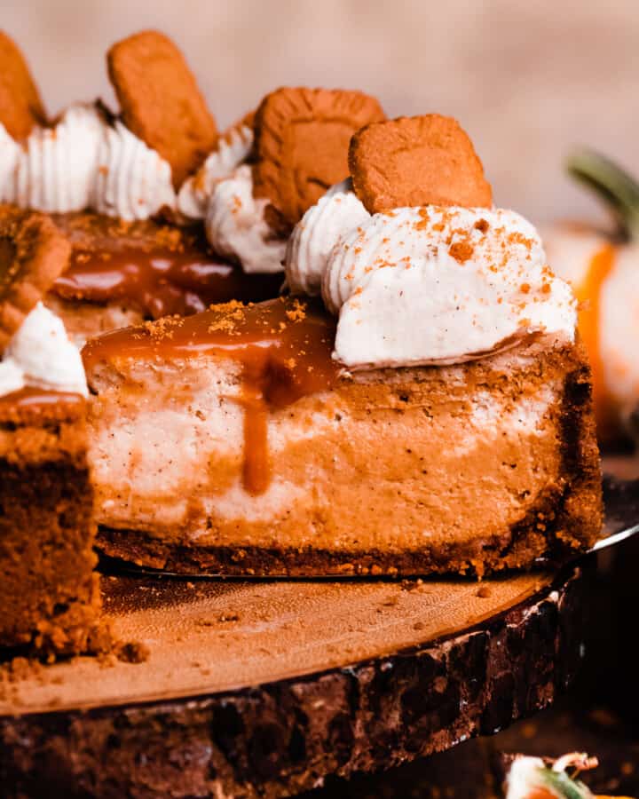A slice of pumpkin pie cheesecake topped with salted caramel sauce and whipped cream.
