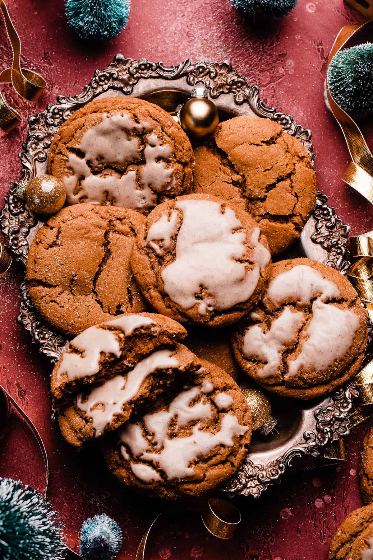 A vintage tray of crinkly molasses cookies with icing.