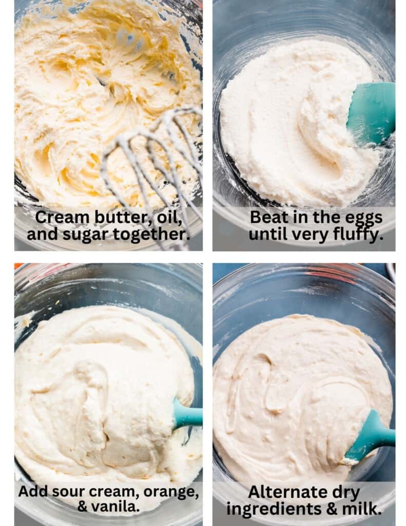 Four images showing the steps of the cake batter coming together.