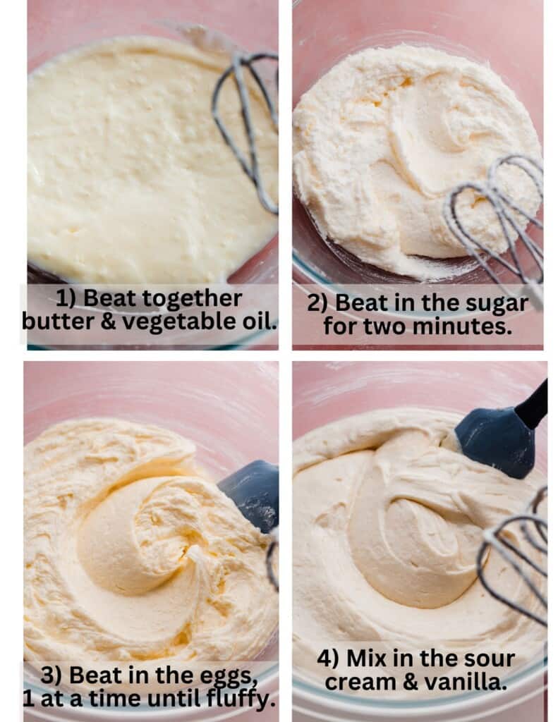 Four images showing the steps to mixing together the butter, oil, sugar, eggs, sour cream, and vanilla extract. 
