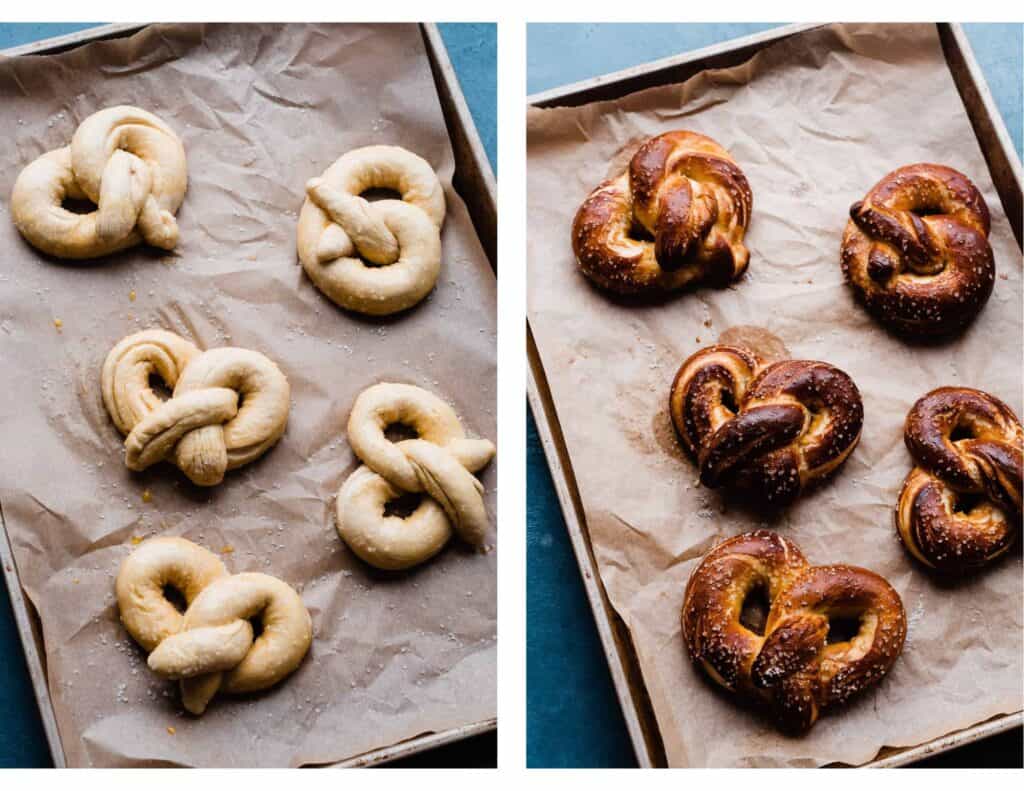 Unbaked and baked soft pretzels on the baking sheet. 