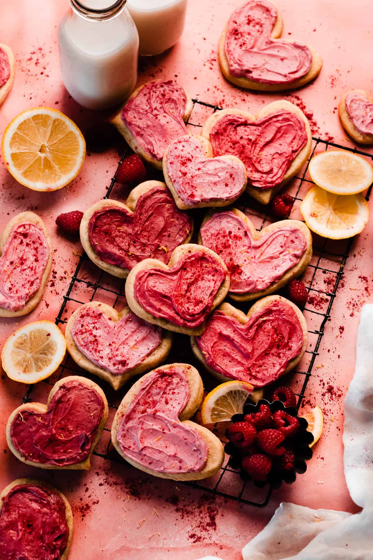 heart cutout cookies with raspberry lemon cream cheese frosting - Blue Bowl