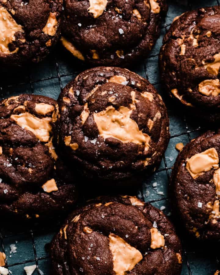 Chocolate cookies studded with caramelized white chocolate chunks.