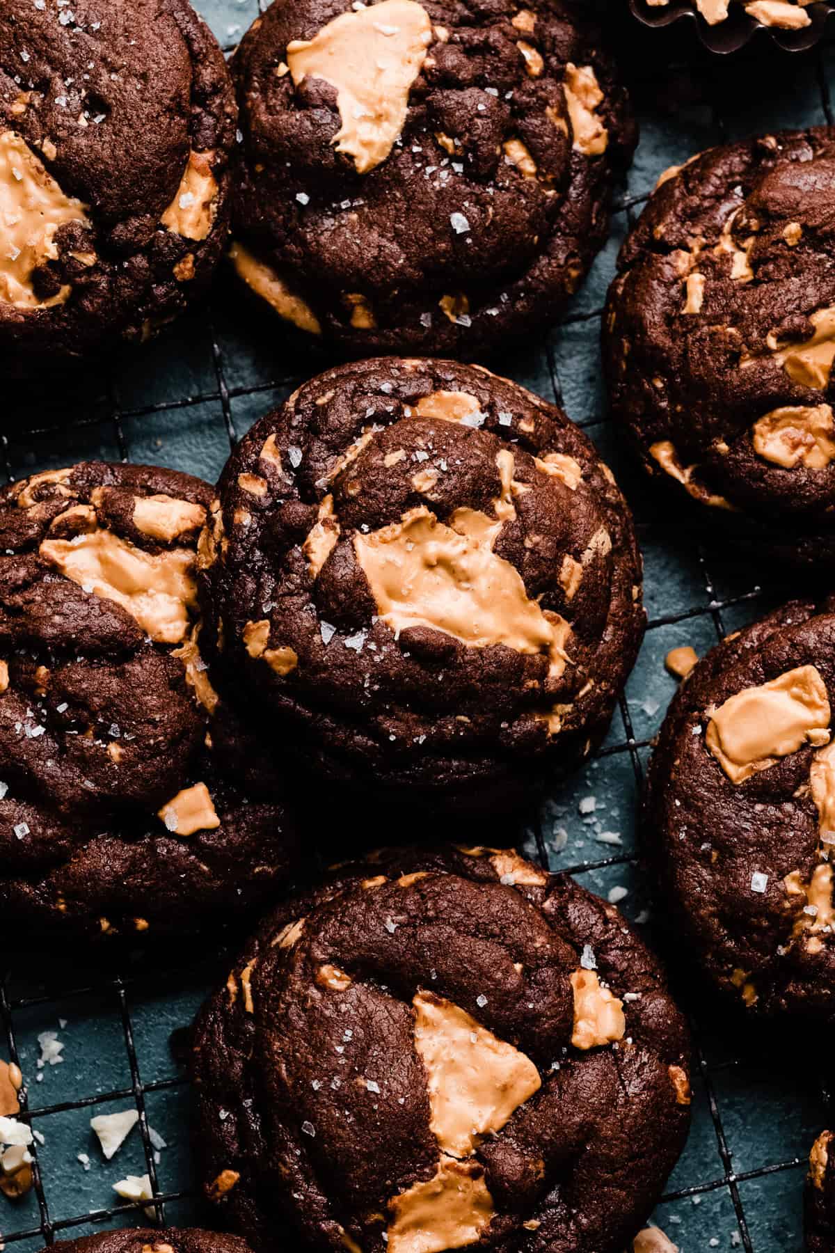 Chocolate cookies studded with caramelized white chocolate chunks.