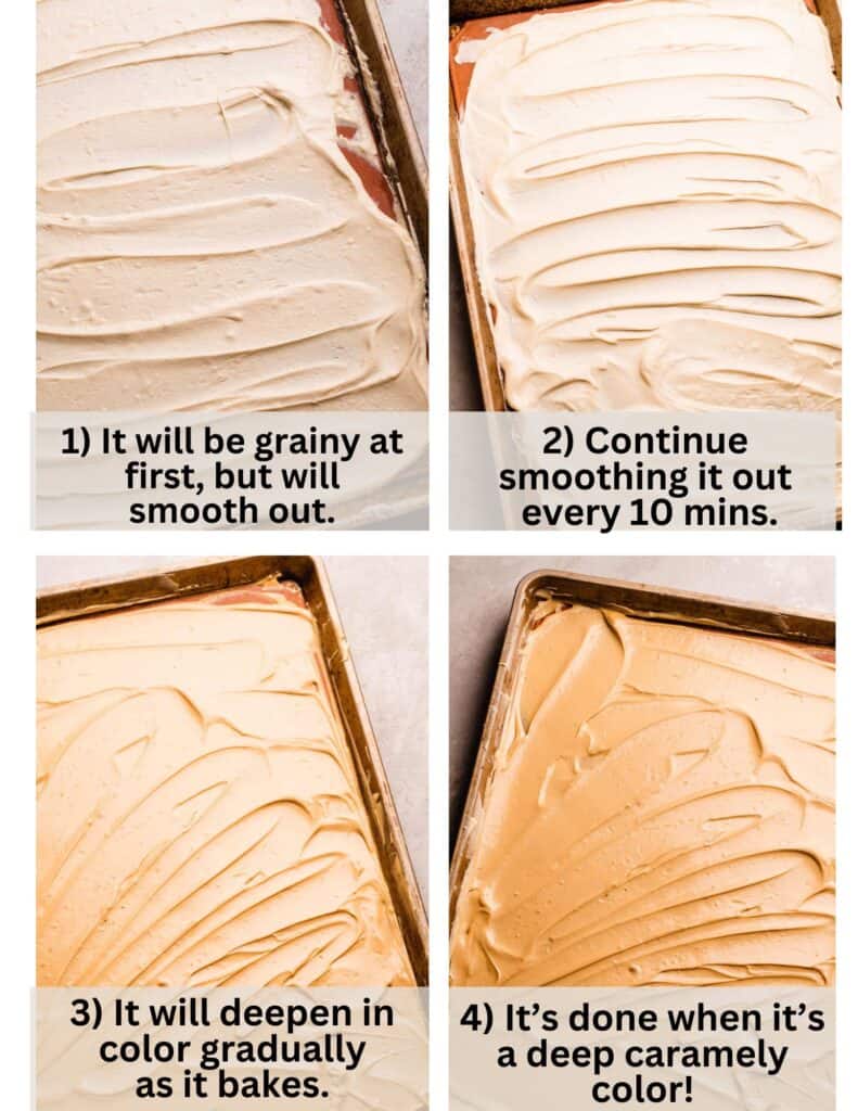 Four step-by-step photos showing the process of caramelizing white chocolate.