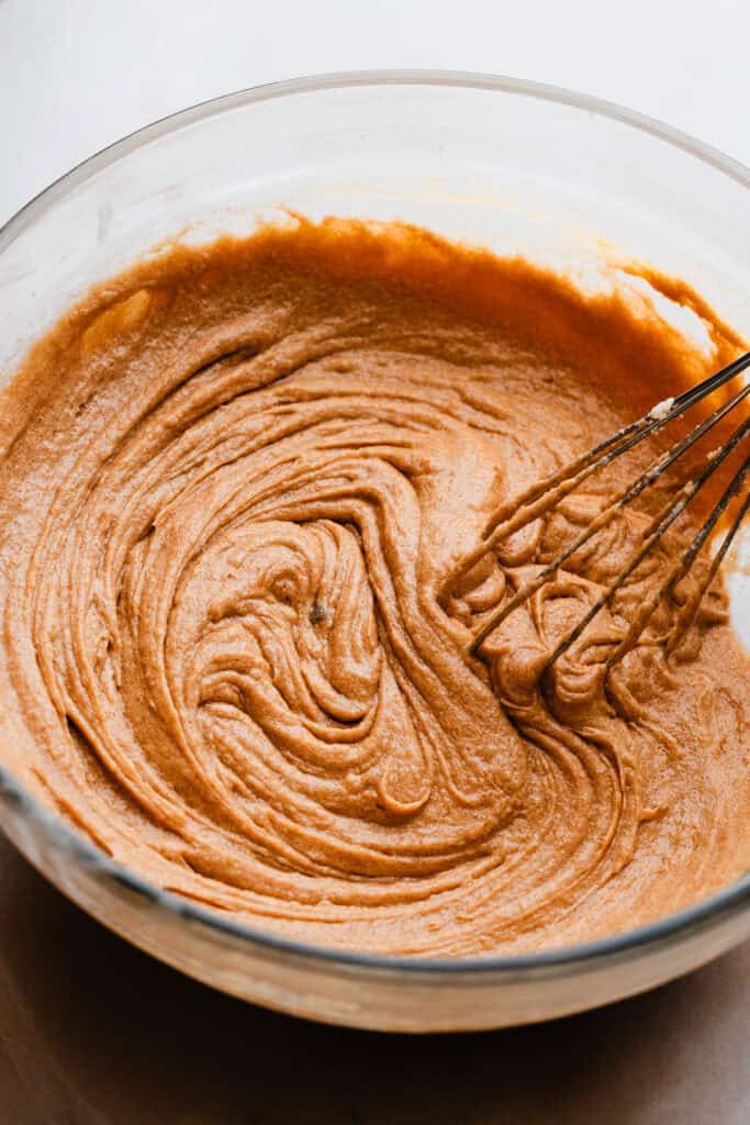 The thick, wet batter, after the eggs and milk have been whisked in.