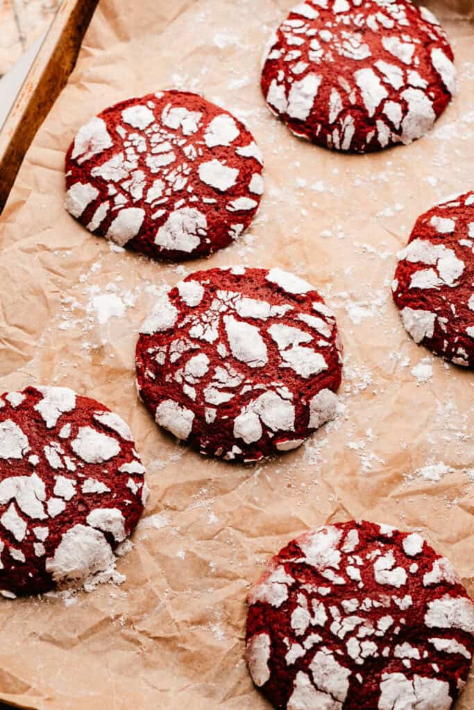 The baked red velvet lava cookies, fresh out of the oven.
