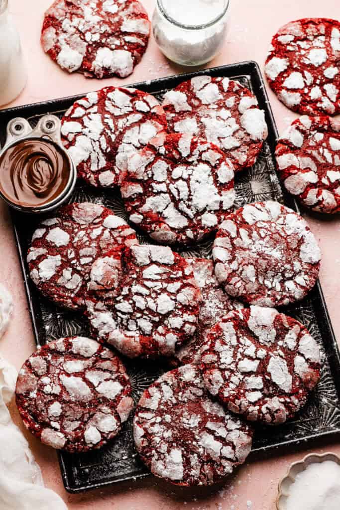 A vintage tray of the red velvet lava cookies. They look like crinkle cookies since they were rolled in powdered sugar before baking.