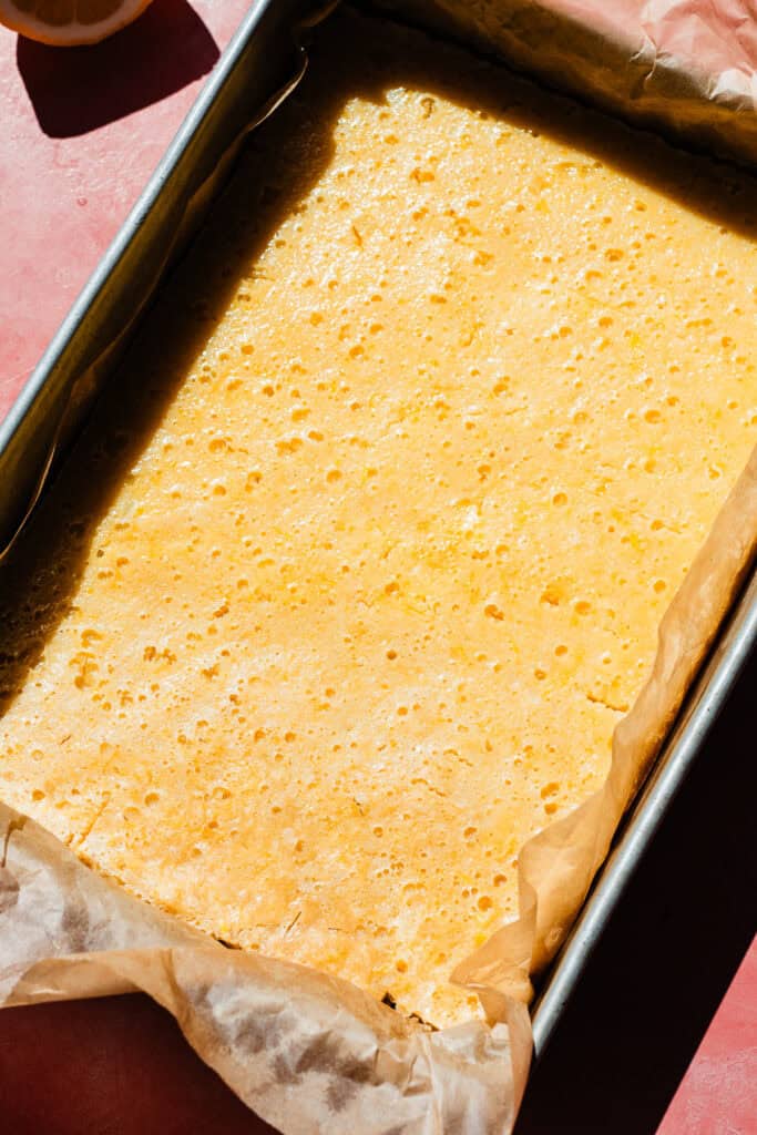 A pan of the baked lemon bars.